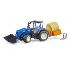 BRUDER NEW HOLLAND T5.120 MET VOORLADER, TRANSPORTKIST, VORKEN EN 1 RONDE BAAL