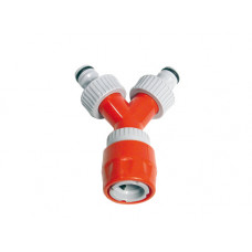 Y-VERTAKKING MET 2 OPGESCHROEFDE KRAANNIPPELS EN 1 SNELKOPPELING (PVC) OP KAART Y-VERTAKKING MET 2 OPGESCHROEFDE KRAANNIPPELS EN 1 SNELKOPPELING (PVC) OP KAART