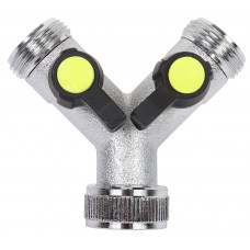 Y-VERTAKKING MET 2 BOLKRAANTJES, INGANG 1 INCH INWENDIGE DRAAD EN UITGANG 3/4 INCH UITWENDIGE DRAAD (MESSING) OP KAART Y-VERTAKKING MET 2 BOLKRAANTJES, INGANG 1 INCH INWENDIGE DRAAD EN UITGANG 3/4 INCH UITWENDIGE DRAAD (MESSING) OP KAART